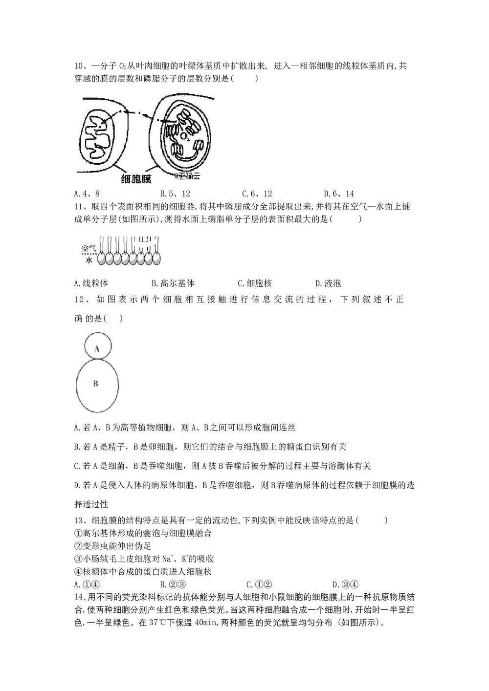 2019-2020学年  人教版 必修一   生物膜的流动镶嵌模型  作业第3页