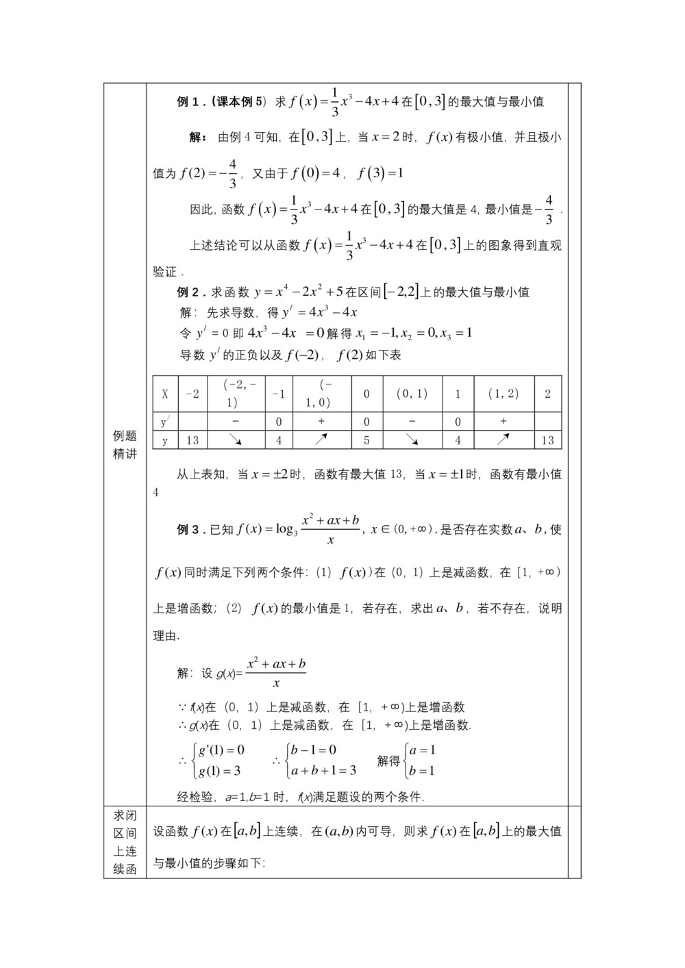 2019-2020学年人教B版选修2-2       函数的最大(小)值与导数  教案第3页