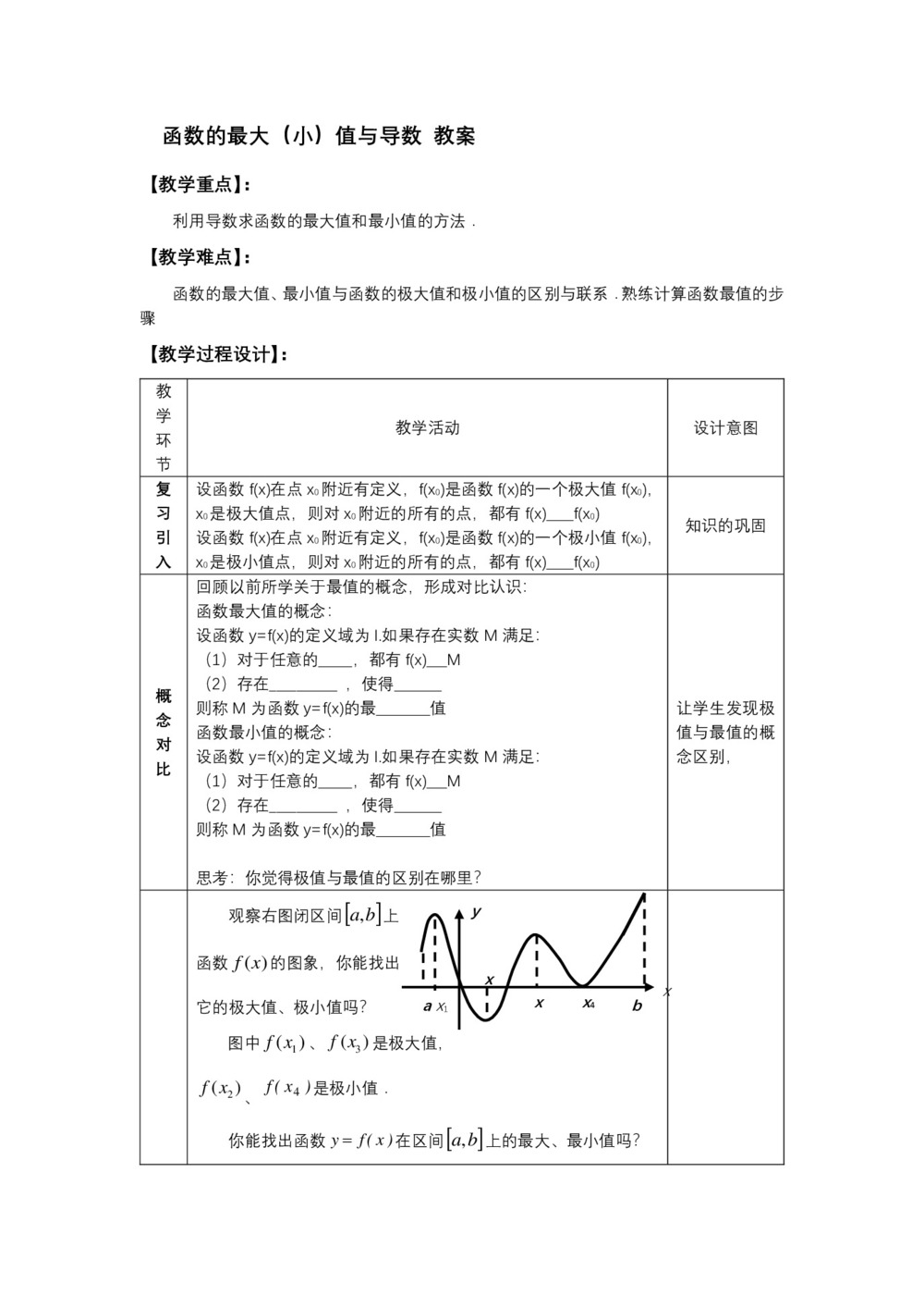 2019-2020学年人教B版选修2-2       函数的最大(小)值与导数  教案第1页