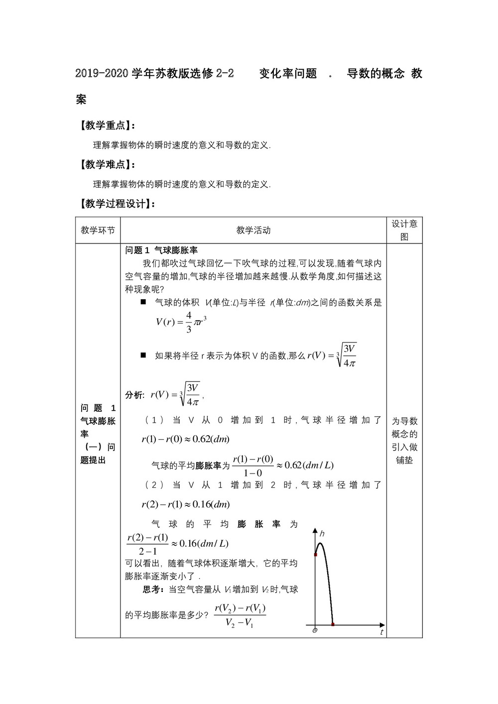 2019-2020学年苏教版选修2-2      变化率问题 . 导数的概念  教案第1页