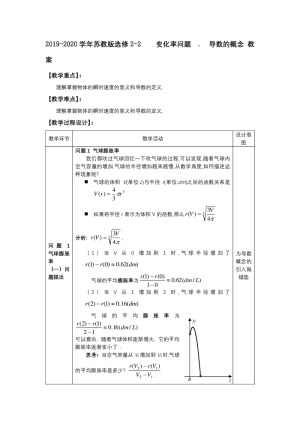 2019-2020学年苏教版选修2-2      变化率问题　.　导数的概念  教案