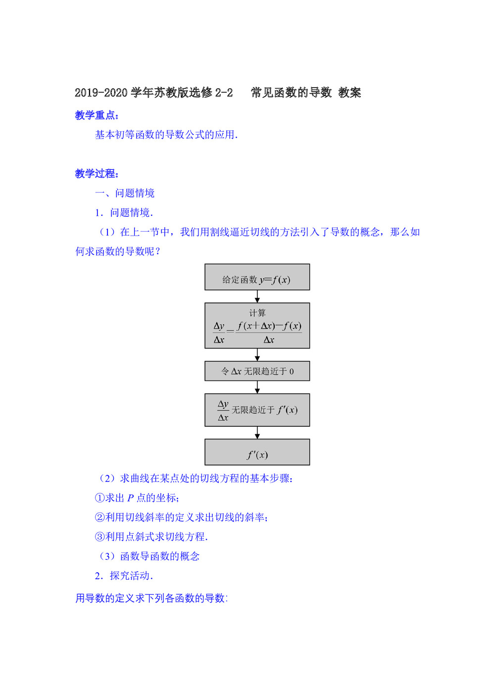2019-2020学年苏教版选修2-2     常见函数的导数  教案第1页