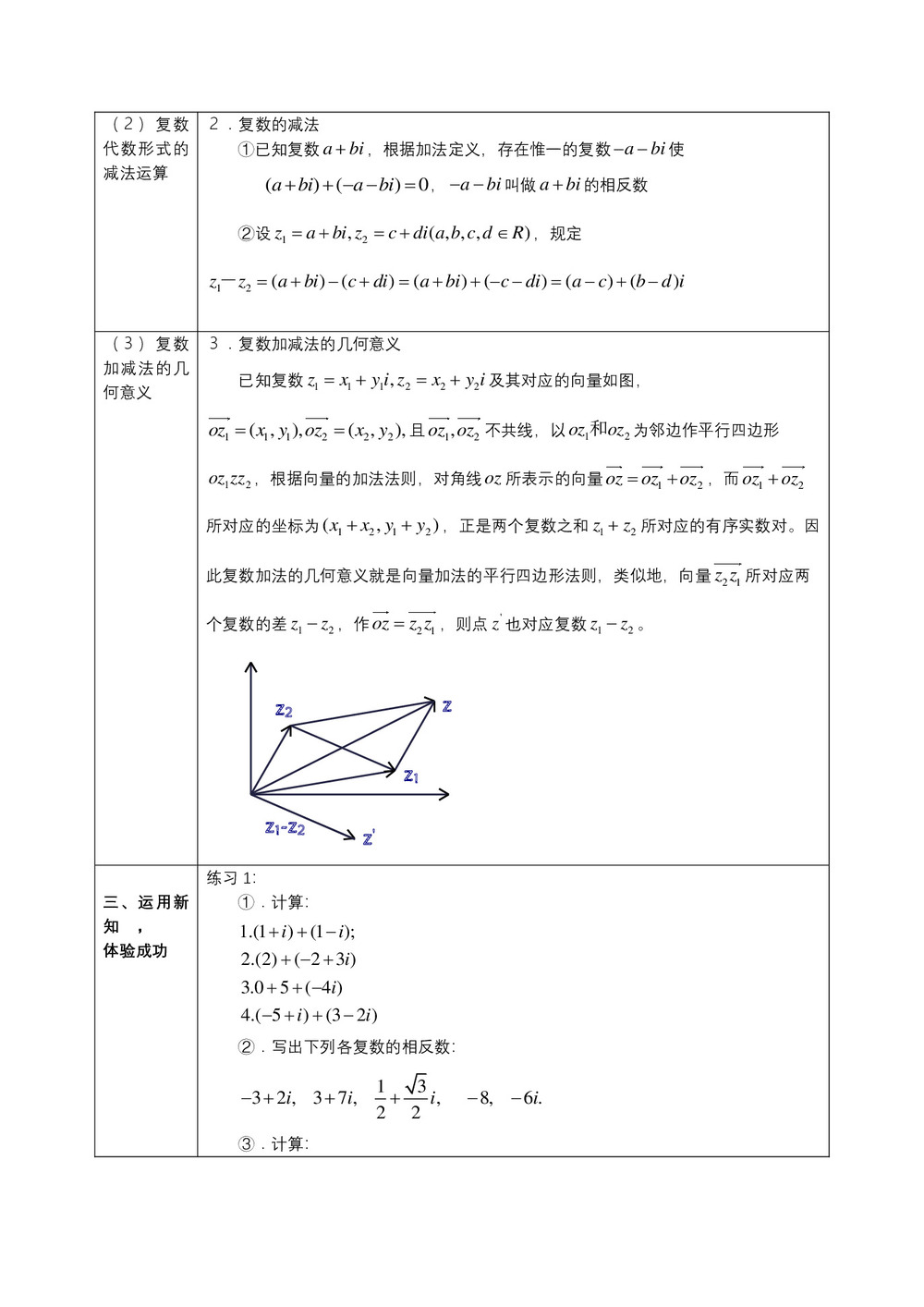 2019-2020学年人教A版选修1-2    3.2.1复数代数形式的加减运算及其几何意义   教案第2页