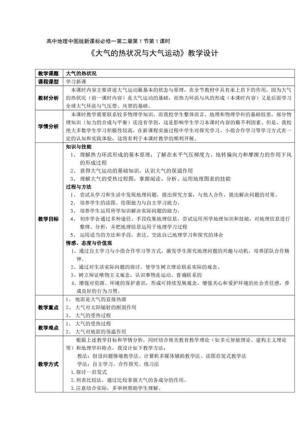 2019-2020学年中图版高中地理必修一2.1大气的热状况与大气运动教案第1页