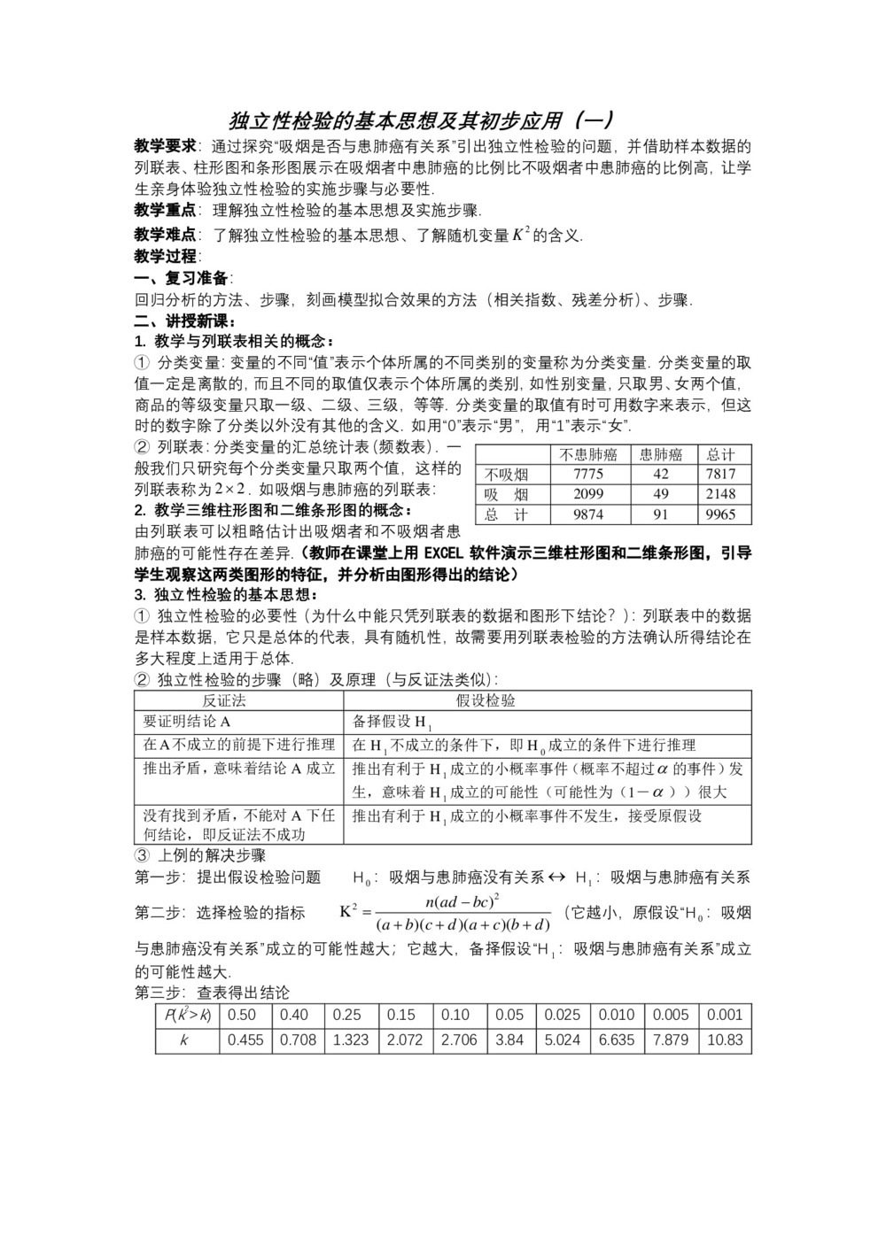 2019-2020学年北师大版选修1-2  独立性检验的基本思想及其初步应用   教案第1页