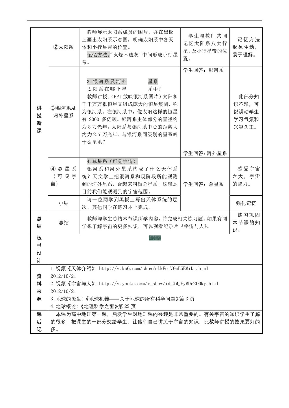 2019-2020学年湘教版高中地理必修1教案:1.1地球的宇宙环境  教案1第3页
