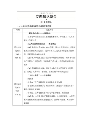 2019-2020学年人民版必修1 专题四　现代中国的政治建设与祖国统一 知识整合 学案