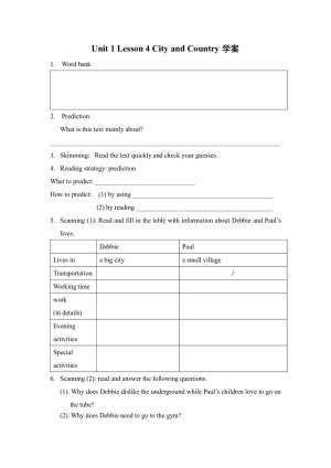 2018--2019学年北师大版必修1Unit 1 Lesson 4 City and Country导学案