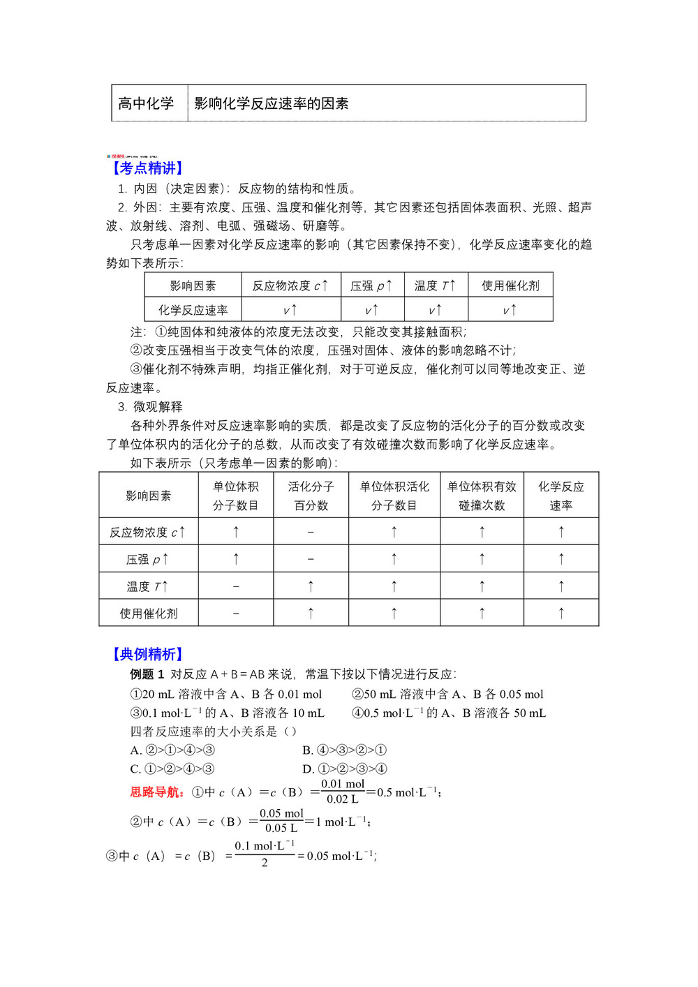 2018-2019学年苏教版选修4 专题2 第一单元 化学反应速率4 影响化学反应速率的因素 学案第1页