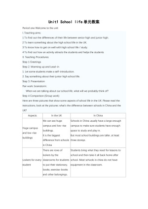 2018-2019学年牛津译林版高一英语必修1教案精品教案：unit1《school life》