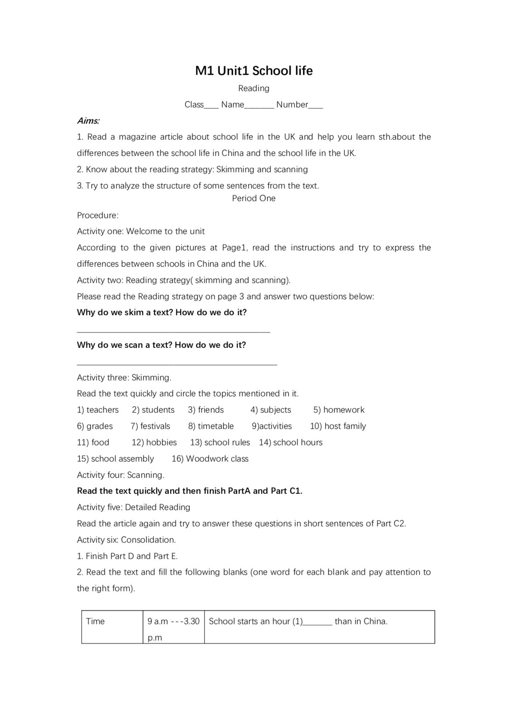 2018-2019学年译林版高中英语牛津版必修一学案(江苏省专用)《Unit 1 School life》(Reading)第1页