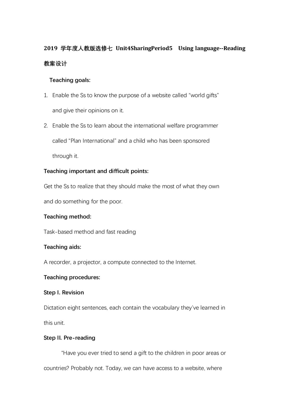 2019学年度人教版选修七Unit4SharingPeriod5  Using language--Reading教案设计(2页word版)第1页