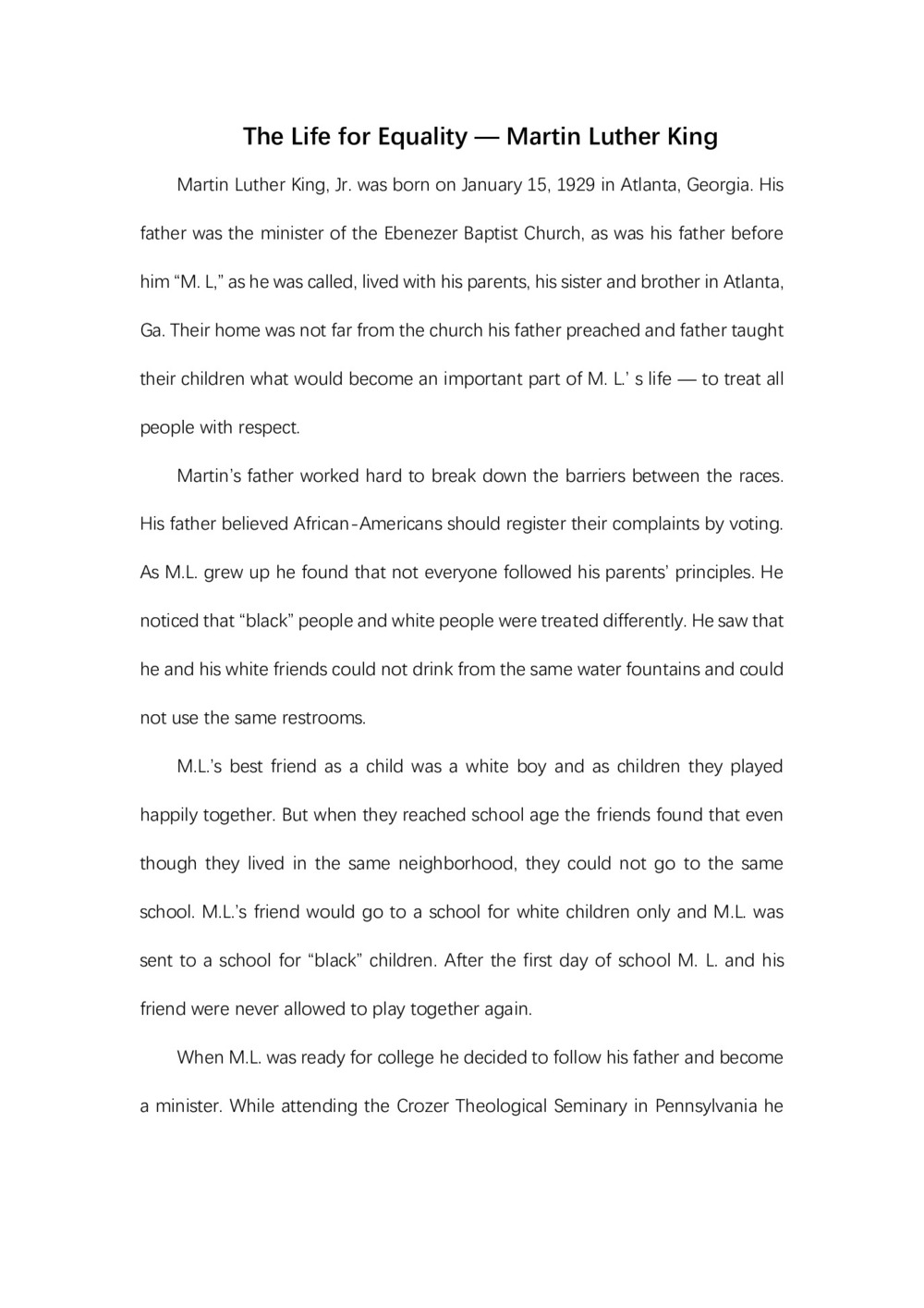 2018-2019学年北师大版高中英语必修1Unit2 学案Martin Luther King第1页