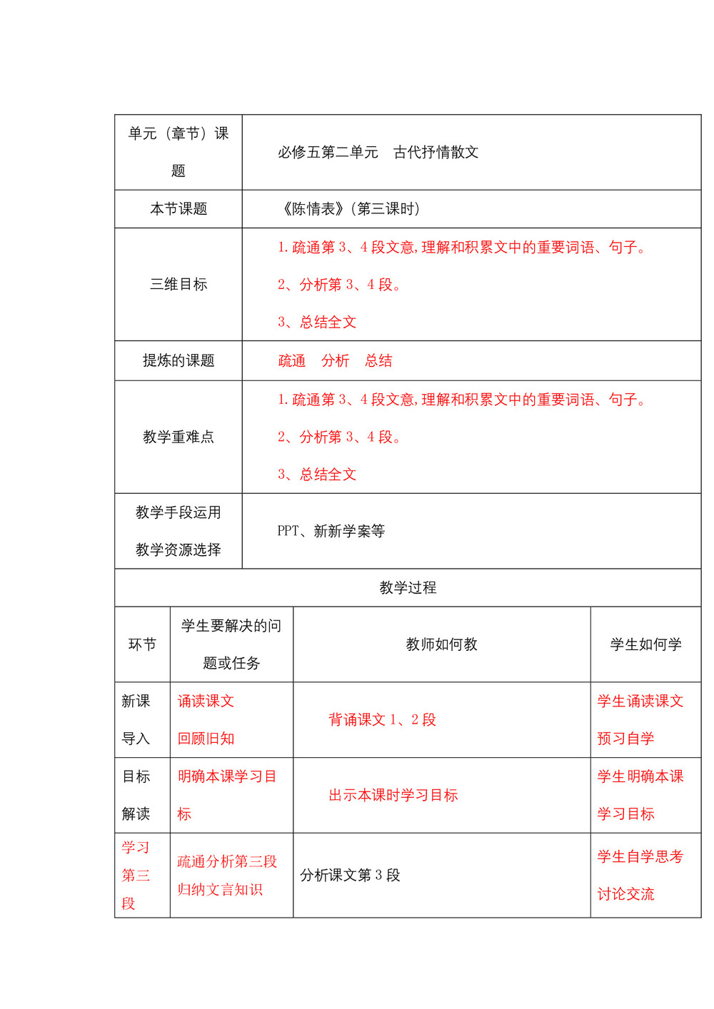 2018-2019学年人教版必修五：《陈情表》（第三课时） 教案第1页