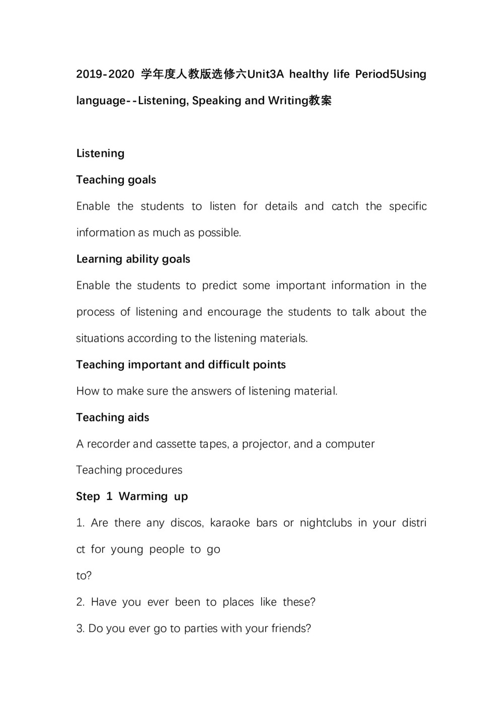 2019-2020学年度人教版选修六Unit3A healthy life Period5Using language--Listening,and Writing教案(11页word版)第1页