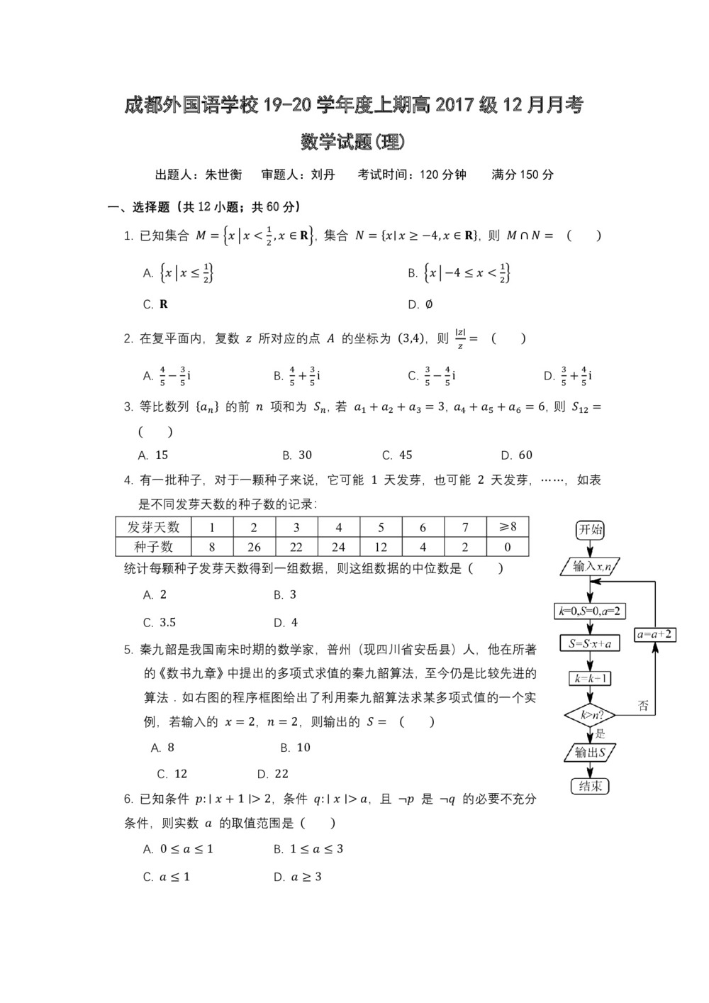 《302edu发布》四川省成都外国语学校2020届高三上学期12月月考试题  数学(理) Word版含答案第1页