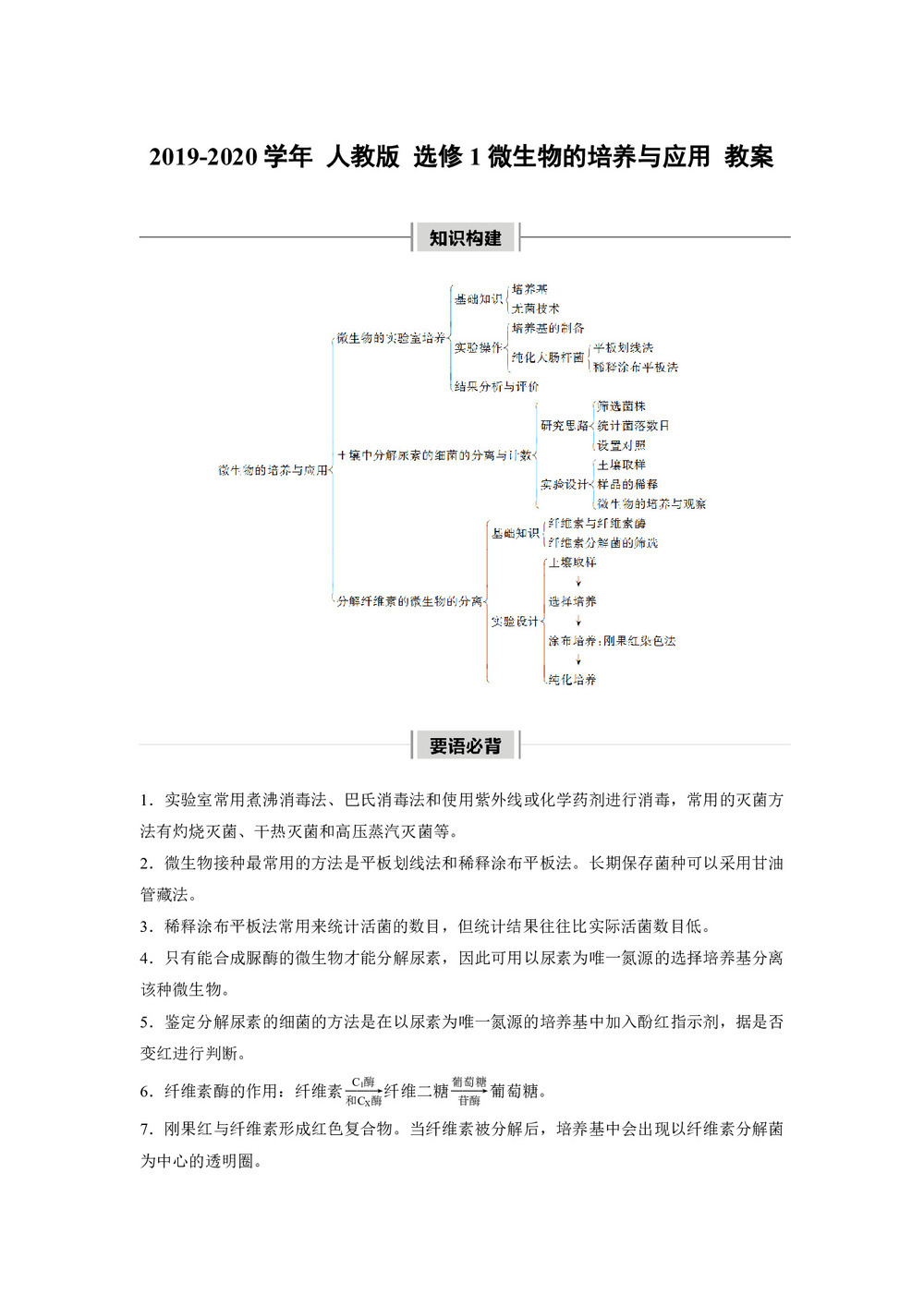 2019-2020学年 人教版 选修1微生物的培养与应用 教案第1页
