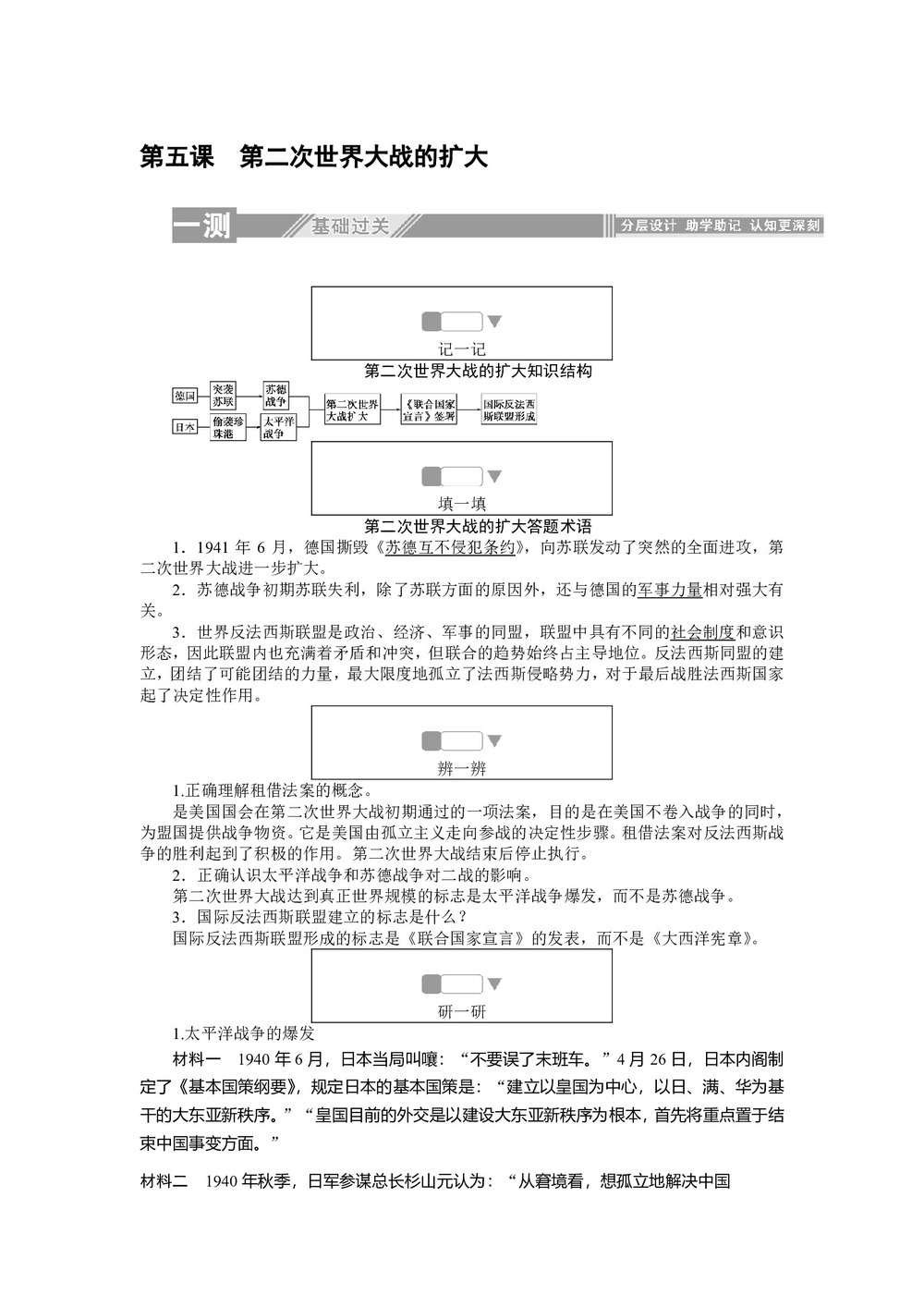 2019-2020学年人教版选修三 3.5第二次世界大战的扩大 作业第1页