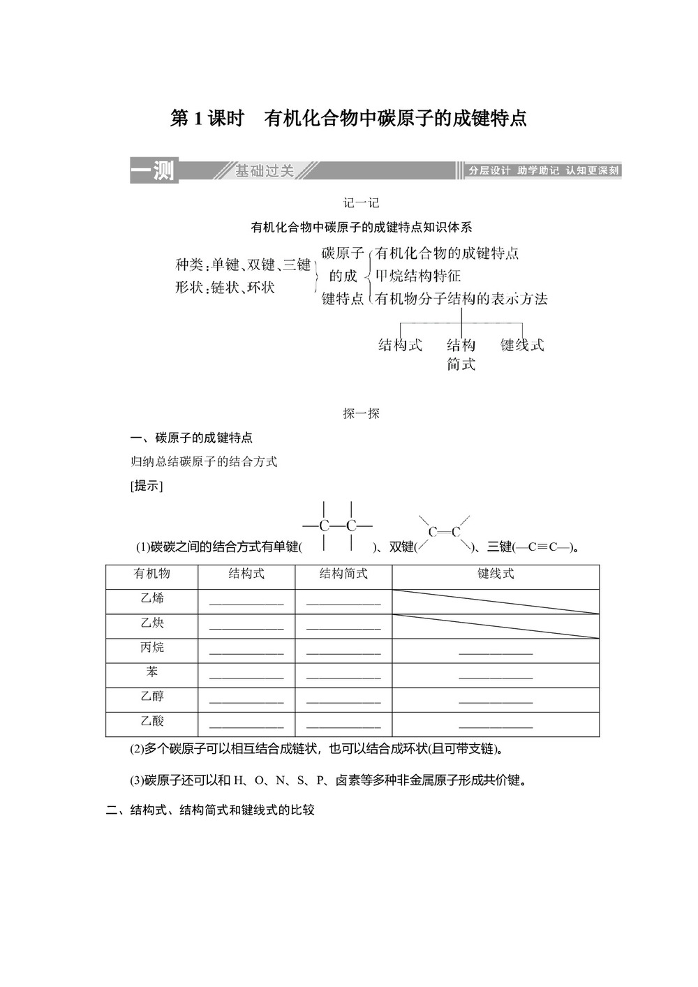 2019-2020学年人教版选修5:1.2.1有机化合物中碳原子的成键特点学案第1页