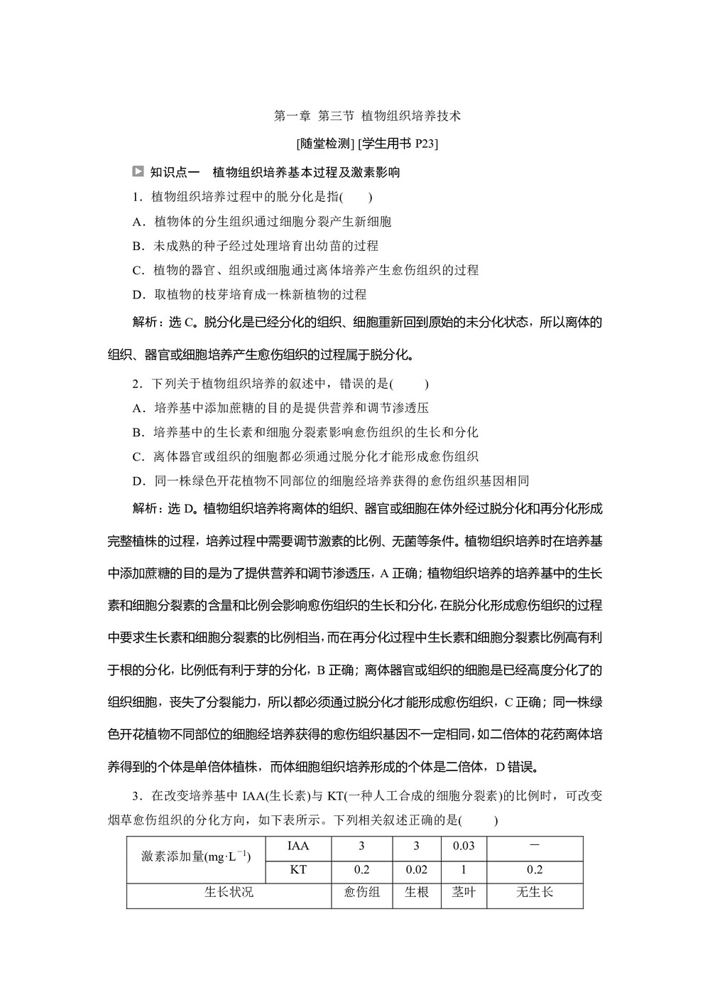 2019-2020学年新苏教版选修1 第一章 第三节 植物组织培养技术 作业第1页
