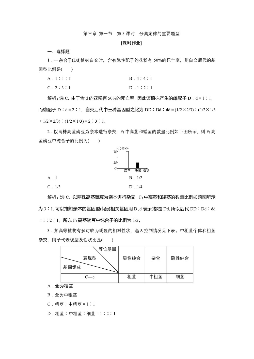2019-2020学年新苏教版必修2 第三章 第一节 第3课时 分离定律的重要题型 作业第1页