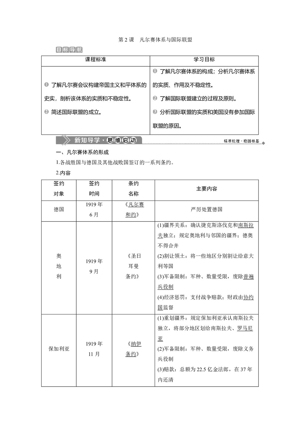 2019-2020学年人教版选修3 第二单元 第2课 凡尔赛体系与国际联盟 学案第1页