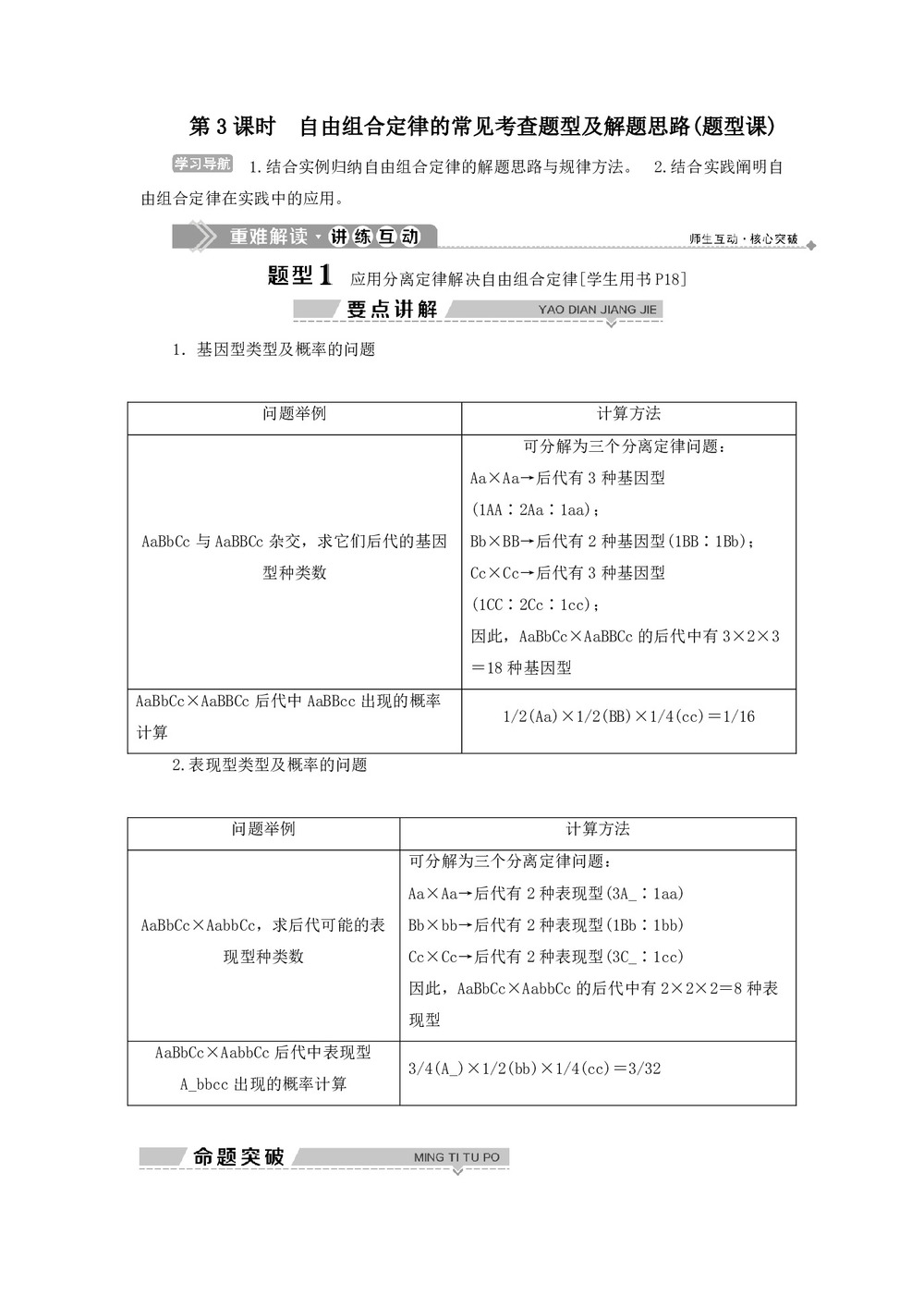 2019-2020学年 浙科版  必修二自由组合定律的常见考查题型及解题思路(题型课) 教案第1页