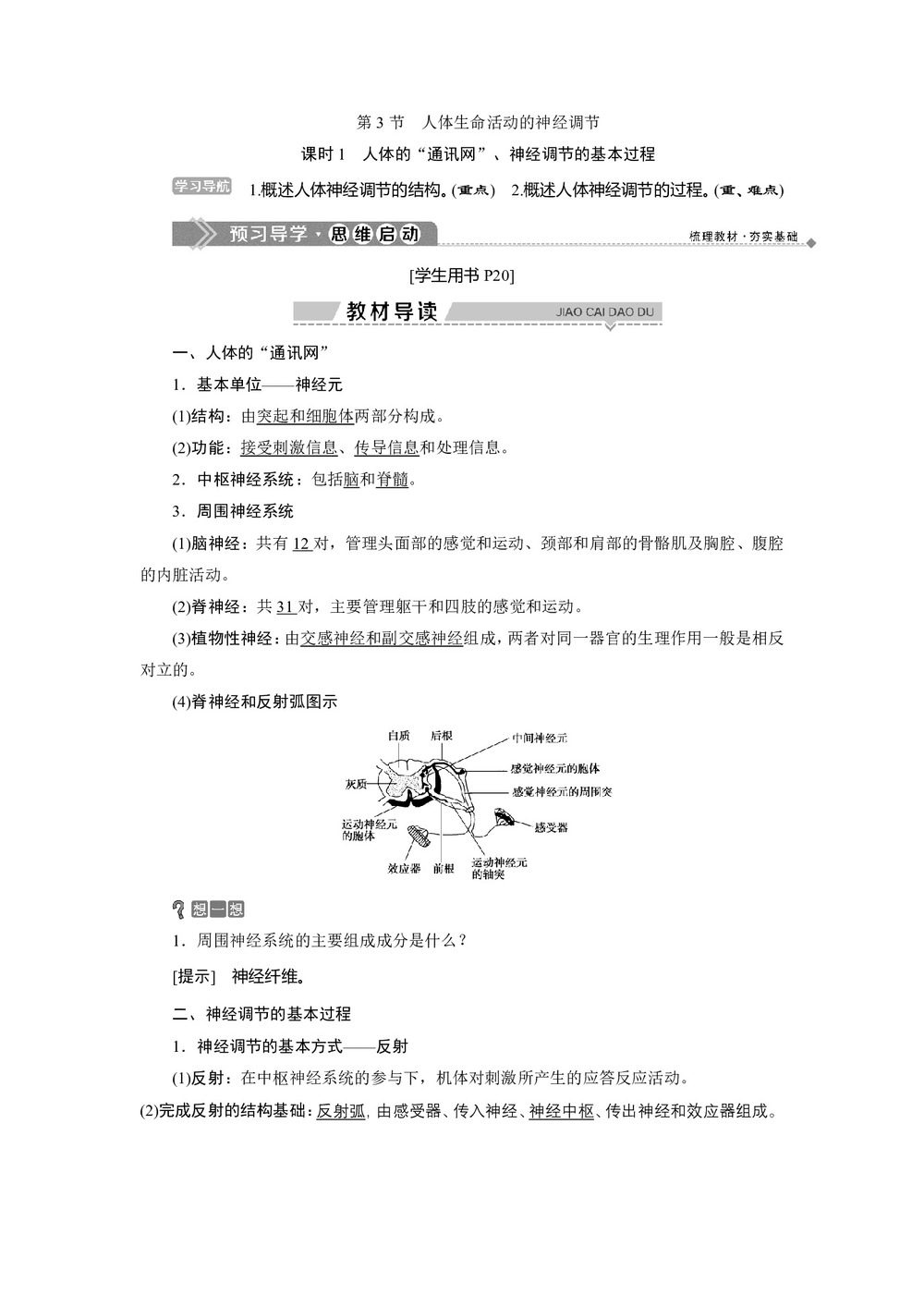 2019-2020学年北师大版必修3 第2章 第3节 课时1　人体的“通讯网”、神经调节的基本过程 学案第1页