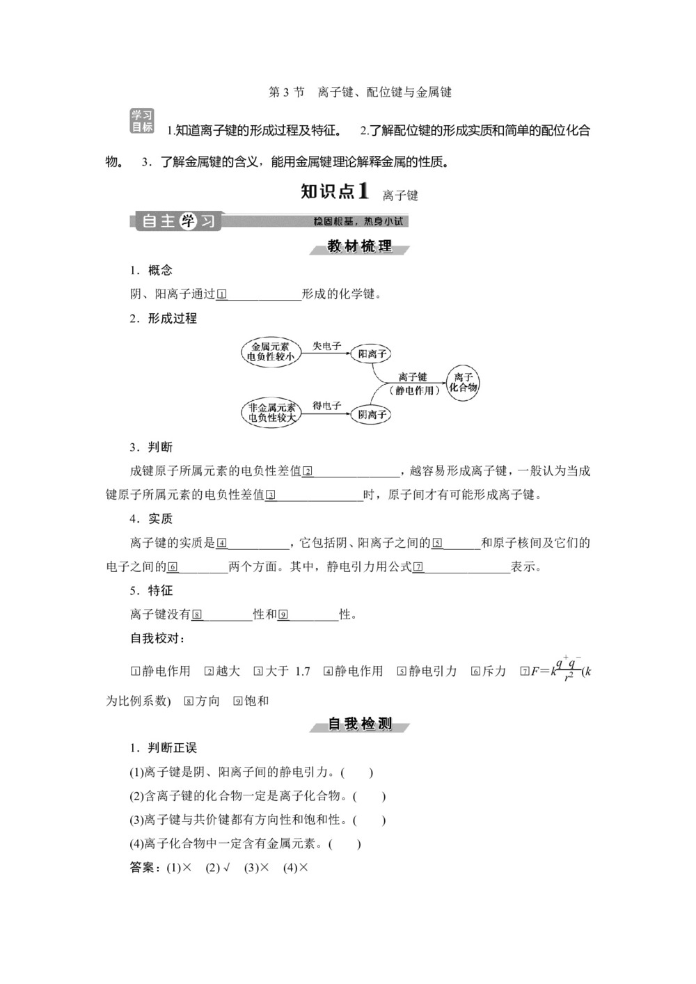 2019-2020学年鲁科版选修3 第2章第3节　离子键、配位键与金属键 学案第1页