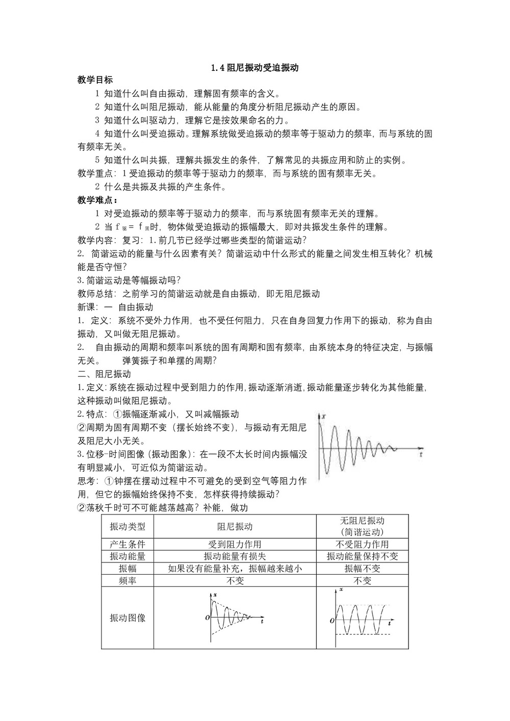 2019-2020学年度教科版选修3-4 1.4阻尼振动受迫振动 教案(8)第1页