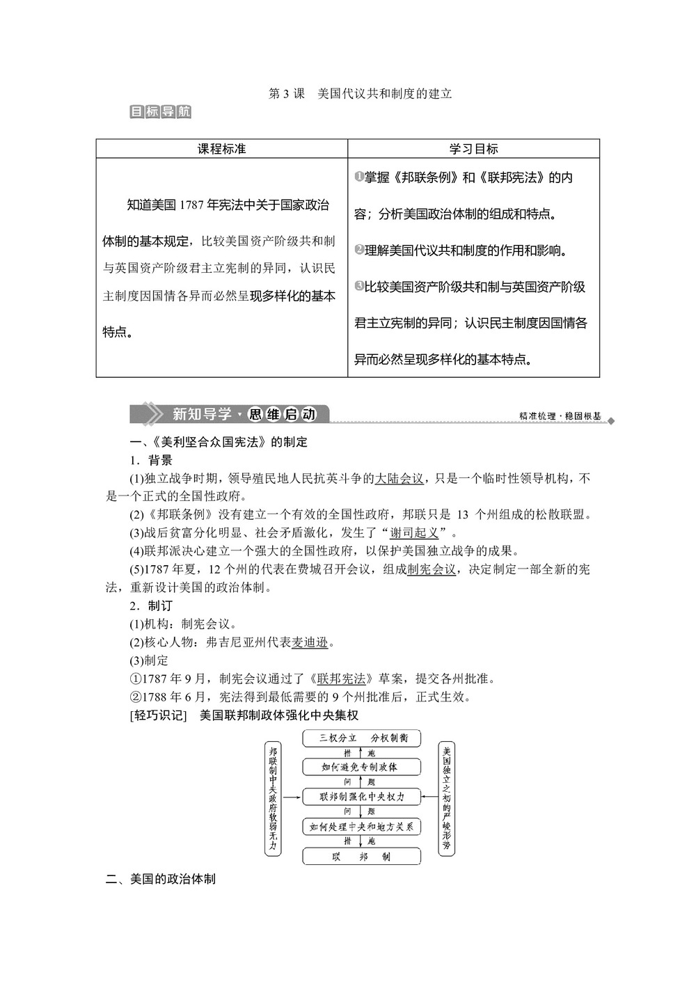 2019-2020学年人教版选修二 第四单元第3课 美国代议共和制度的建立 学案第1页