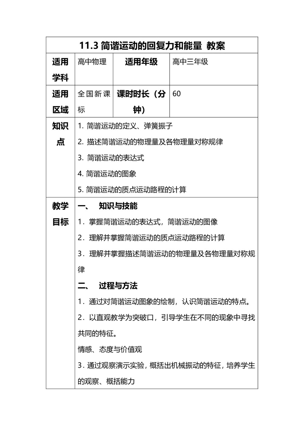 2019-2020学年度人教版选修3-4 11.3简谐运动的回复力和能量 教案(3)第1页