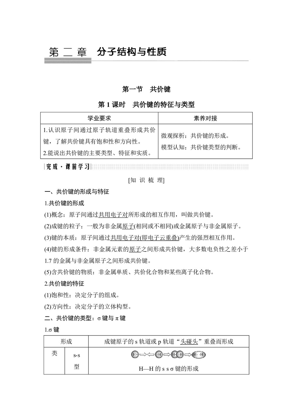 2019-2020学年人教版选修3 第2章第1节 共价键（第1课时） 学案第1页