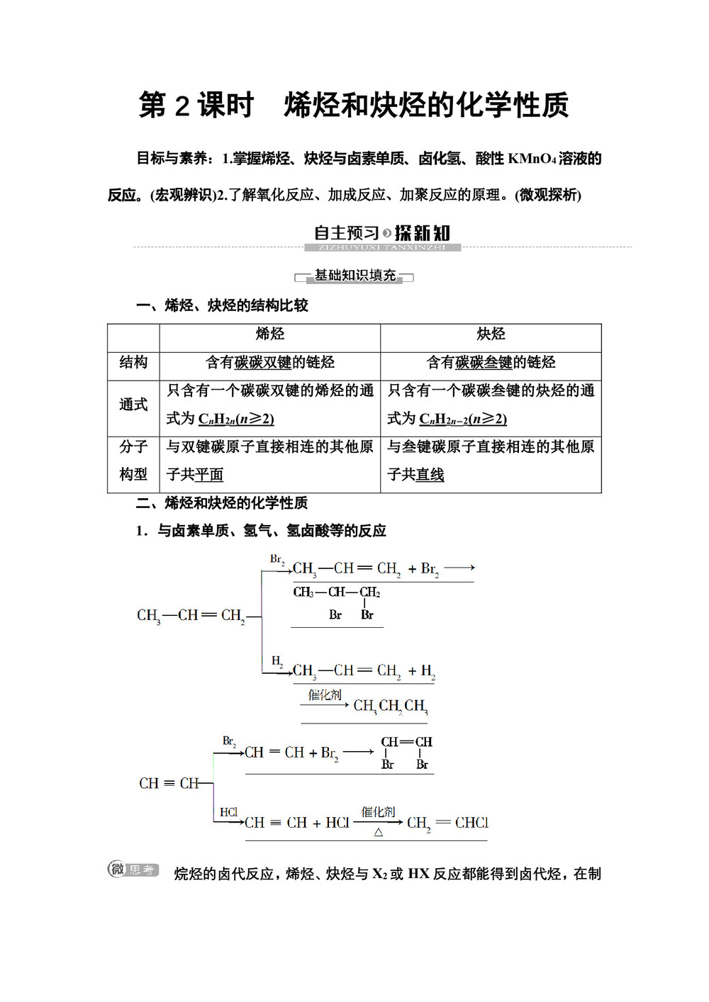 2019-2020学年鲁科版选修五 第1章 第3节 第2课时 烯烃和炔烃的化学性质 学案第1页