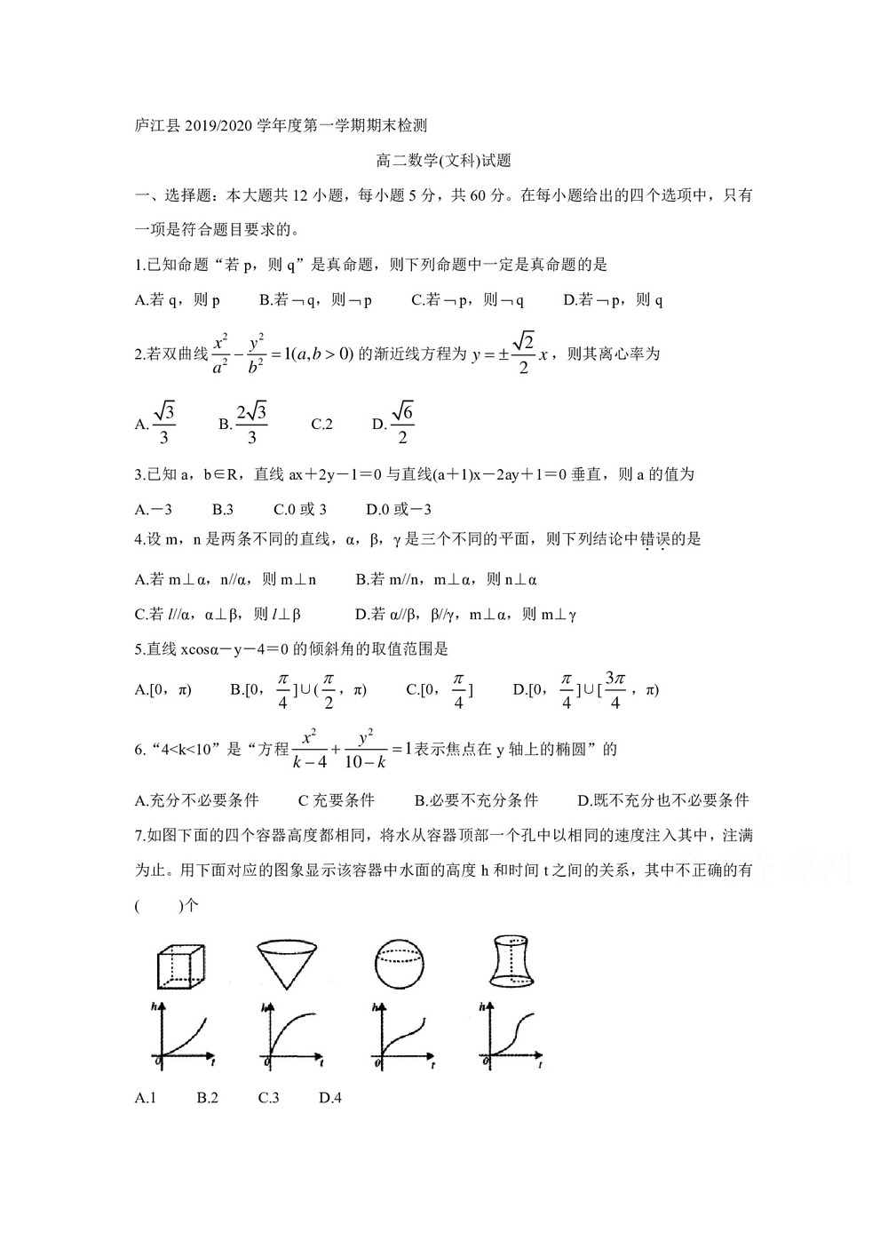 《302edu发布》安徽省合肥市庐江县2019-2020学年高二上学期期末检测 数学(文) Word版含答案第1页